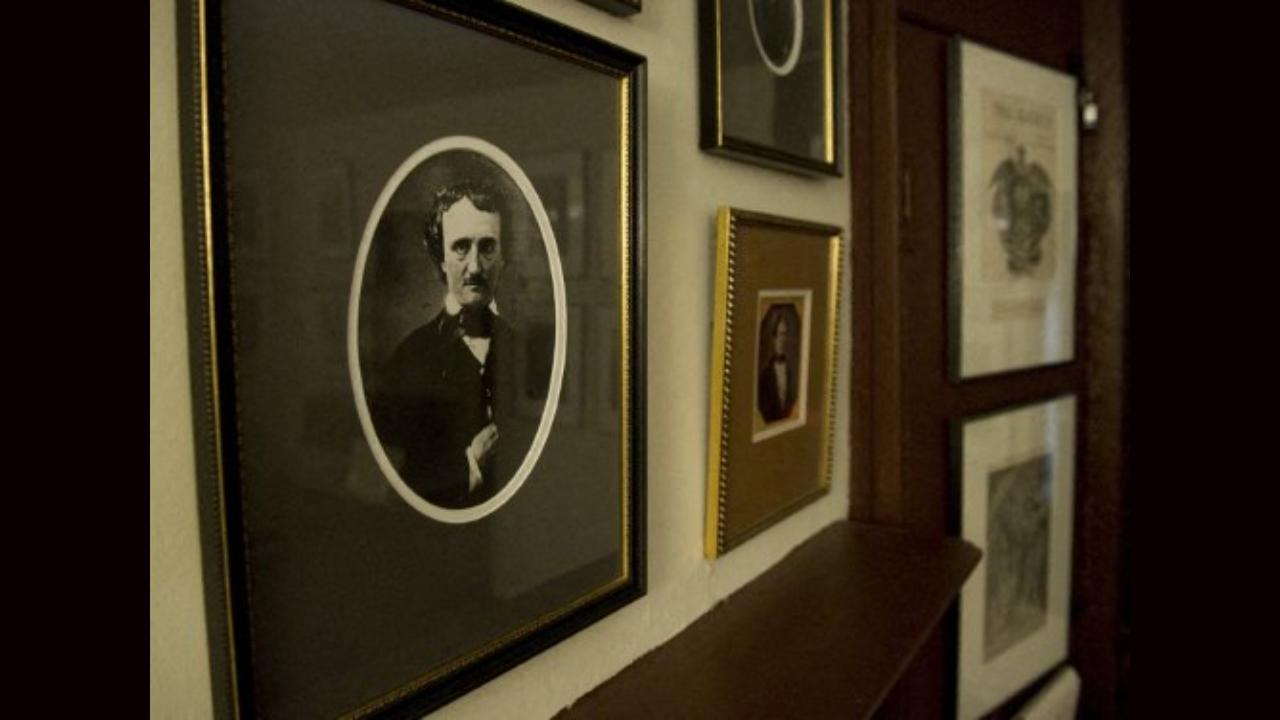 Photos of Edgar Allan Poe on the wall of the Edgar Allan Poe House and Museum, located in the writer's former home in Baltimore. Photo: AFP